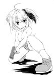  blush breasts greyscale gun highres kaname_nana large_breasts monochrome nanaroku_(fortress76) one_knee original side_ponytail simple_background solo tears topless weapon white_background 