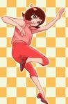  1girl 60s blue_eyes bow brown_hair checkered checkered_background female full_body hair_bow lafolie mach_go_go_go oldschool over_shoulder pink_shirt pixiv_thumbnail red_shoes resized running shimura_michi shirt shoes short_hair solo 