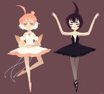  ahiru ahoge bad_id bad_pixiv_id ballerina ballet ballet_slippers bare_shoulders black_hair brown_background closed_eyes crown erin_(honey_glows) eyelashes frown jewelry multiple_girls necklace pantyhose pink_hair princess_kraehe princess_tutu princess_tutu_(character) rue_(princess_tutu) short_hair simple_background tutu 