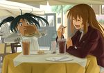  black_hair blue_eyes brown_hair chair charlotte_e_yeager closed_eyes drink drinking_straw eating food fork francesca_lucchini french_fries hamburger knife long_hair military military_uniform multiple_girls open_mouth plate rikizo sitting strike_witches table twintails uniform world_witches_series 