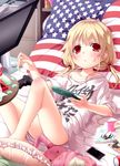  :&lt; :t american_flag american_flag_print bed blonde_hair blush candy closed_mouth clothes_writing controller digital_media_player flag_print food food_on_face futaba_anzu game_controller handheld_game_console highres holding idolmaster idolmaster_cinderella_girls kago_no_tori long_hair looking_at_viewer lying on_back panties pantyshot pillow playstation_portable pocky print_pillow red_eyes shirt solo stuffed_animal stuffed_bunny stuffed_toy sweets t-shirt twintails underwear upskirt v-shaped_eyebrows you_work_you_lose 