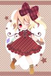  ;d blonde_hair blush bow dress fang flandre_scarlet gloves hair_bow haru_(citron_citron) highres looking_at_viewer one_eye_closed open_mouth plaid plaid_dress polka_dot polka_dot_background red_eyes side_ponytail smile solo star touhou wings 
