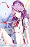  1girl armband arrow blush c-wing gunslinger_stratos hair_ribbon heart highres katagiri_kyouka long_hair partially_submerged ponytail purple_eyes purple_hair ribbon safety_pin school_uniform skirt solo water wet wet_clothes 