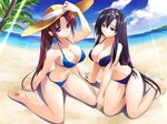  2girls aneimo barefoot beach bikini black_hair blue blue_eyes bra breast_press breast_squeeze breasts brown_hair cleavage covered_nipples erect_nipples feet hat highres kirishima_mizuki large_breasts long_hair multiple_girls ocean panties ponytail possible_duplicate purple purple_eyes purple_hair scan shinonome_kasuhiko shinonome_kazuhiko shirakawa_saori side-tie_bikini sitting smile soles straw_hat swimsuit toes underwear very_long_hair wariza water 