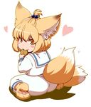 alternate_costume animal_ears ass blonde_hair blush_stickers dearmybrothers eating fang fox_ears fox_tail hair_bobbles hair_ornament heart highres multiple_tails outline school_uniform serafuku simple_background smile solo tail touhou white_background yakumo_ran yellow_eyes younger 