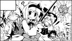  =_= ? black_border blush border circle_cut closed_eyes eating greyscale hakurei_reimu hat heart izayoi_sakuya kirisame_marisa konpaku_youmu looking_at_viewer monochrome multiple_girls nanaroku_(fortress76) open_mouth saigyouji_yuyuko smile sweatdrop sword touhou weapon witch_hat 