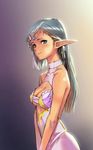  bare_shoulders blue_eyes blush breasts cleavage cleavage_cutout collarbone crescent elf gradient gradient_background highres lamchun_(2006) long_pointy_ears looking_at_viewer medium_breasts original pointy_ears silver_hair smile solo 