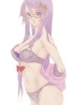  bad_id bad_pixiv_id bespectacled bow bra breasts crescent crescent_hair_ornament glasses hair_bow hair_ornament highres large_breasts long_hair panties patchouli_knowledge poruhi purple_eyes purple_hair purple_panties solo touhou underwear underwear_only undressing 