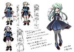  character_sheet chiba_(city) concept_art green_hair highres long_hair looking_at_viewer matsudo_(chiba) matsumiya_aya nanaroku_(fortress76) original red_eyes short_hair simple_background sketch smile translation_request white_background 