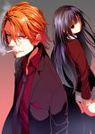  1girl attsun_(atsushi_jb) bad_id bad_pixiv_id black_eyes black_hair black_legwear cigarette gradient gradient_background long_hair necktie orange_eyes orange_hair original shirt skirt smoke smoking striped striped_shirt thighhighs vertical-striped_shirt vertical_stripes 