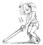  greyscale monochrome nanaroku_(fortress76) original short_hair simple_background solo sword translated weapon white_background 