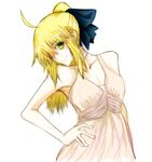  1girl ahoge artoria_pendragon_(all) bad_id bad_pixiv_id bare_shoulders blonde_hair bow dress fate/stay_night fate/unlimited_codes fate_(series) green_eyes hair_bow long_hair ponytail saber saber_lily solo 