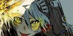  android aqua_hair broken_glass close-up dark_persona evil_smile glass glowing glowing_eyes labrys persona persona_4:_the_ultimate_in_mayonaka_arena senbee shadow_(persona) shadow_labrys smile solo yellow_eyes 