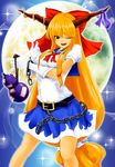  \m/ bishoujo_senshi_sailor_moon blonde_hair blue_sailor_collar blue_skirt bow breast_hold breasts brown_eyes chain cosplay finger_gun gloves gourd hair_bow hair_ribbon horn_ribbon horns ibuki_suika long_hair low-tied_long_hair medium_breasts open_mouth red_bow ribbon sailor_collar sailor_moon sailor_moon_(cosplay) sailor_senshi_uniform skirt smile solo touhou tsuan tsuki_ni_kawatte_oshioki_yo very_long_hair white_gloves 