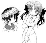  flower greyscale hair_flower hair_ornament head_wreath long_hair looking_at_viewer monochrome multiple_girls nanaroku_(fortress76) sakugawa_school_uniform school_uniform serafuku shirai_kuroko short_hair simple_background smile to_aru_kagaku_no_railgun to_aru_majutsu_no_index twintails uiharu_kazari white_background 