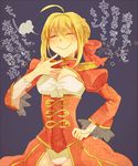  :&gt; ahoge blonde_hair breasts cleavage dress epaulettes fate/extra fate_(series) fujichika hair_ribbon large_breasts nero_claudius_(fate) nero_claudius_(fate)_(all) panties ribbon see-through smug solo translation_request underwear 
