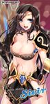  armor bikini_armor black_hair blue_eyes breasts character_name choker cleavage earrings jewelry joypyonn large_breasts league_of_legends long_hair looking_at_viewer midriff navel open_mouth sivir solo 
