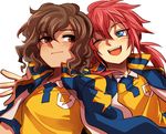  bad_id bad_pixiv_id blue_eyes brown_eyes brown_hair inazuma_eleven_(series) inazuma_eleven_go kareido kirino_ranmaru long_hair male_focus multiple_boys one_eye_closed open_mouth otoko_no_ko pink_hair raimon raimon_soccer_uniform shindou_takuto smile soccer_uniform sportswear twintails 