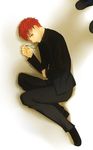  brown_eyes cross cross_necklace emiya_shirou fate/stay_night fate_(series) fetal_position full_body highres jewelry kotomine_shirou_(fanfic) male_focus moka08 necklace red_hair solo yellow_eyes 