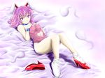  animal_ears bare_legs bare_shoulders breasts bunny_ears bunny_girl bunnysuit choker cleavage heart_cutout high_heels hitodama leotard lying medium_breasts navel_cutout pink_eyes pink_hair pink_leotard saigyouji_yuyuko shoes short_hair single_shoe smile socks solo touhou wrist_cuffs 