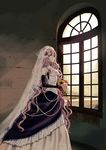  blue_eyes bouquet breasts cleavage curly_hair dress earrings elbow_gloves flower gloves hair_flower hair_ornament highres jewelry long_hair looking_at_viewer md5_mismatch medium_breasts megurine_luka pink_hair solo veil very_long_hair vient vocaloid wedding_dress window 