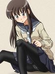  black_hair blush crotch_seam green_eyes lielos long_hair open_mouth original panties panties_under_pantyhose pantyhose pantyshot pantyshot_(sitting) school_uniform sera_haruna sitting skirt solo sweater torn_clothes torn_legwear underwear upskirt white_panties 