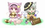  :3 animal_ears aonagi_ibane bell blush brand_name_imitation candy cat_ears cat_tail checkerboard_cookie chibi chocolate chocolate_bar cookie eating fang food food_on_face green_eyes hairband hat hat_ribbon heart heart_of_string kemonomimi_mode komeiji_koishi komeiji_satori long_sleeves looking_at_viewer meiji_(brand) meiji_milk_chocolate minigirl multiple_girls open_mouth pink_eyes pink_hair ribbon shirt short_hair siblings silver_hair sisters sitting skirt tail tail_bell third_eye touhou wide_sleeves 