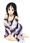  akiyama_mio bad_id bad_pixiv_id bare_shoulders barefoot bath_yukata black_hair blush breasts cleavage embarrassed full_body grey_eyes highres hime_cut japanese_clothes k-on! kimono kneeling long_hair looking_at_viewer medium_breasts official_style open_mouth partially_undressed ragho_no_erika round_teeth simple_background solo tears teeth white_background yukata 