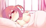  afterglow bat_wings bed bed_sheet blush breasts collarbone head_wings koakuma kuresento large_breasts long_hair looking_at_viewer lying nude pillow red_eyes red_hair smile solo touhou wings 