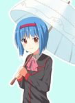  absurdres blue_background blue_hair bow dacchi hairband highres little_busters! nishizono_mio parasol pink_bow school_uniform short_hair solo umbrella 