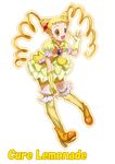  51_(akiduki) bike_shorts blonde_hair brooch bug butterfly cure_lemonade derivative_work double_bun drill_hair flower full_body hair_flower hair_ornament highres insect jewelry kasugano_urara_(yes!_precure_5) long_hair magical_girl md5_mismatch precure red_flower red_rose rose shoes shorts shorts_under_skirt skirt smile solo thighhighs twin_drills twintails white_background yellow yellow_eyes yellow_legwear yellow_skirt yes!_precure_5 