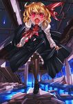  ascot black_legwear blonde_hair blood blood_on_face dress fangs g.haruka hair_ribbon looking_at_viewer open_mouth pantyhose red_eyes ribbon rumia solo standing tongue touhou 