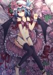  :o ascot babydoll bad_id bad_pixiv_id barefoot bat_wings between_legs blue_hair checkered dress feathers flower garter_straps hand_between_legs hat hat_feather hat_flower highres lying navel panties petals red_eyes remilia_scarlet ribbon short_hair solo tecoyuke thighhighs toeless_legwear touhou underwear wings wrist_cuffs 