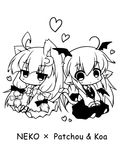  ahoge animal_ears bat_wings bow cat_ears cat_tail character_name chibi crescent crescent_hair_ornament dog_ears dog_tail dress dress_shirt expressionless greyscale hair_bow hair_ornament hair_ribbon hat head_wings heart intertwined_tails jitome kemonomimi_mode koakuma lineart long_hair long_sleeves low-tied_long_hair low_wings monochrome multiple_girls necktie neko_yume no_hat no_headwear no_mouth no_nose patchouli_knowledge ribbon shirt simple_background sitting skirt skirt_set striped striped_dress tail touhou tress_ribbon v_arms very_long_hair vest white_background wings 