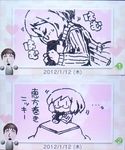  1girl 2012 :&gt; :&gt;= brown_hair closed_eyes dated eating food from_side glasses heart kotatsu long_hair lowres makizushi mii_(nintendo) nikki_(swapnote) purple ribbed_sweater sexually_suggestive shigatake short_hair solo sushi swapnote swapnote_(medium) sweat sweater table translation_request turtleneck upper_body |_| 