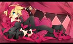  bad_id bad_pixiv_id black_legwear blonde_hair blue_eyes bow crossdressing dress elbow_gloves gloves hair_bow highres kagamine_len leeannpippisum letterboxed looking_at_viewer male_focus otoko_no_ko pillow sitting smile solo thighhighs vocaloid 