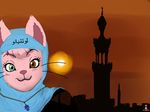  arabic_text castle cat farmacial feline female fur heterochromia hijab looking_at_viewer mammal necklace not_bagi pink_fur solo sun sunset text whiskers 