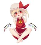  :3 ascot bacho barefoot blonde_hair bloomers blush fangs finger_to_face flandre_scarlet hat hat_ribbon indian_style open_mouth red_eyes ribbon short_hair side_ponytail sitting smile solo touhou underwear wings 