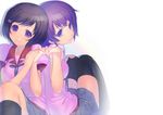  2girls bakemonogatari black_hair hanekawa_tsubasa monogatari_(series) piro_(artist) purple_eyes purple_hair seifuku senjougahara_hitagi thighhighs 