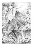  bamboo bamboo_forest black_legwear egasumi forest graphite_(medium) greyscale hands_in_opposite_sleeves houraisan_kaguya long_hair monochrome moon nature pantyhose shoes skirt solo touhou traditional_media vent_arbre wide_sleeves 