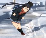  &gt;:( :&lt; black_hair brown_eyes coat commentary_request frown guitar_case instrument_case k-on! kneehighs long_hair nakano_azusa sakuragaoka_high_school_uniform scarf school_uniform skirt sliding snow solo striped striped_scarf twintails v-shaped_eyebrows watanore 