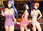  :d alcohol areolae ass babydoll blue_hair blush breasts brown_eyes cake champagne chemise christmas christmas_tree decorations dragon@harry food gift gloves green_eyes hair_ornament hand_on_hip highres holding huge_breasts multiple_girls nipples open_mouth orange_hair original panties ponytail pubic_hair see-through short_hair side_ponytail smile tray turkey_(food) underwear 
