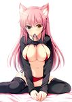  animal_ears bikini bikini_in_mouth black_legwear blush breasts cat_ears collarbone green_eyes heterochromia koneko_(nonnkimono) large_breasts long_hair looking_at_viewer micro_bikini mouth_hold navel original pink_hair red_bikini shirt_lift sitting solo swimsuit thighhighs tsurime yellow_eyes 