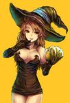  :d bare_shoulders breasts brown_eyes brown_hair cleavage deneb_rove elbow_gloves glass_pumpkin gloves hat kara_(color) large_breasts long_hair looking_at_viewer open_mouth pumpkin simple_background smile solo tactics_ogre witch witch_hat yellow_background 