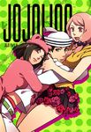  2girls animal_ears black_hair dixie_cup_hat fake_animal_ears green_eyes hair_bobbles hair_ornament hanaichi_(hana13) hat higashikata_daiya higashikata_jousuke_(jojolion) hirose_yasuho hug jojo_no_kimyou_na_bouken jojolion military_hat multiple_girls pink_hair sailor_hat 