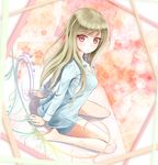  bad_id bad_pixiv_id barefoot breasts green_hair kisuiaki long_hair looking_at_viewer medium_breasts red_eyes sakura-sou_no_pet_na_kanojo shiina_mashiro shirt sitting solo wariza 