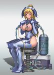  blonde_hair blue_eyes blue_footwear blush boots breasts full_body gradient gradient_background high_heels large_breasts long_hair milking_machine neongun nipples original shoes solo thigh_boots thighhighs 