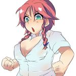  :o alternate_costume bacho bad_id bad_pixiv_id braid breasts bursting_breasts cleavage clenched_hands green_eyes hong_meiling large_breasts red_hair shirt solo touhou twin_braids white_shirt 