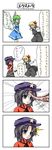  4koma :d ascot black_dress black_eyes black_hair blonde_hair bow check_translation comic daiyousei dress dumbbell emphasis_lines green_hair hair_bow hat highres miyako_yoshika multiple_girls ofuda open_mouth outstretched_arms ribbon rumia short_hair side_ponytail simple_background smile spread_arms star tears touhou translated translation_request upper_body white_background yuran_(kuen-hien) 