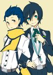  ai-wa alternate_hairstyle black_hair blue_eyes blue_hair cosplay costume_switch digital_media_player hairstyle_switch headphones male_focus mochizuki_ryouji mochizuki_ryouji_(cosplay) mole multiple_boys persona persona_3 scarf school_uniform simple_background smile suspenders yuuki_makoto yuuki_makoto_(cosplay) 